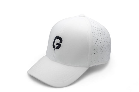 White get2Eleven Performance water-resistant perforated snapback hat with navy logo.
