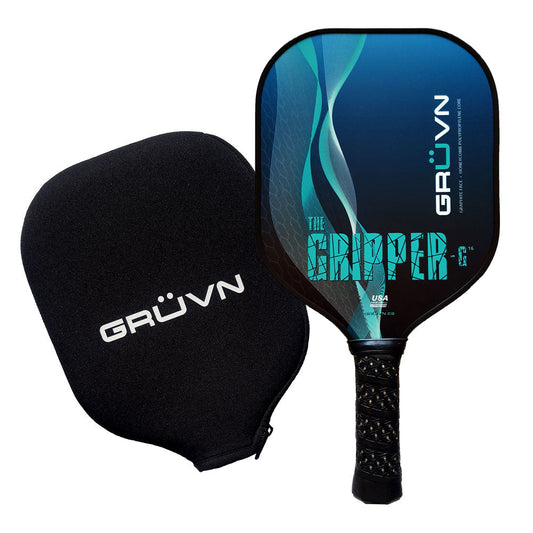 GRUVN The Gripper-G16 Pickleball Paddle, Aqua White: Graphite face, honeycomb polypropylene core, with protective case.
