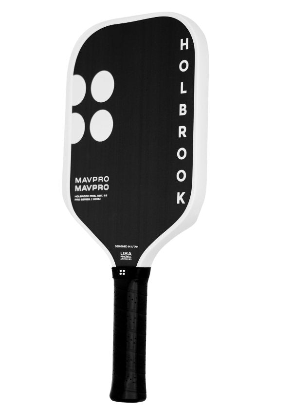 Black and white pickleball paddle with textured grip, designed in Utah.
