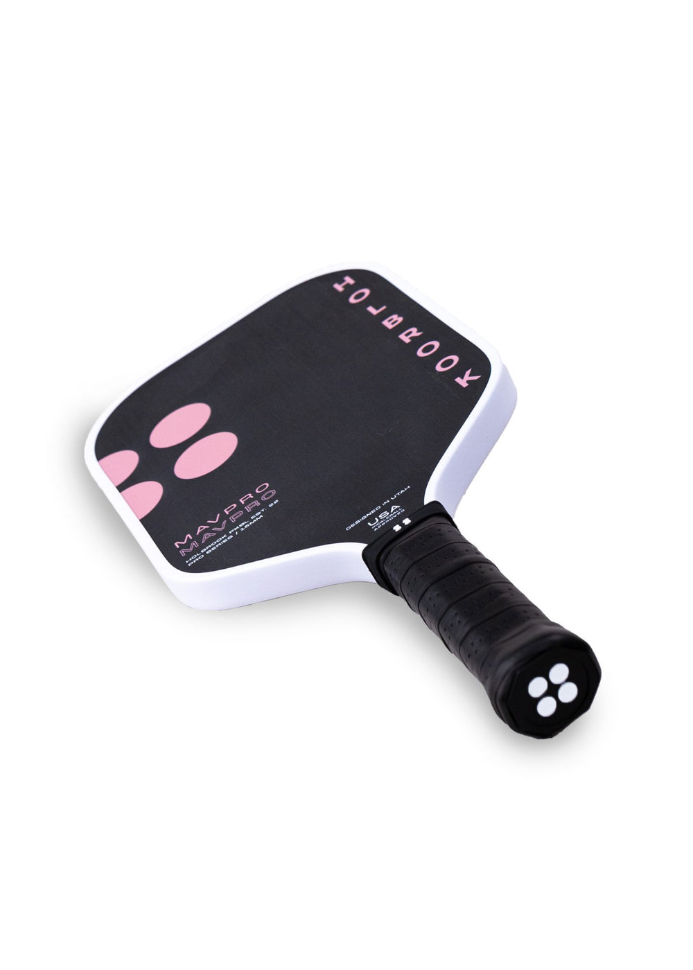 Pink and black pickleball paddle with a textured grip, shown against a white background.
