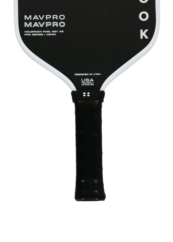 Black pickleball paddle with white accents, USA Pickleball Approved.
