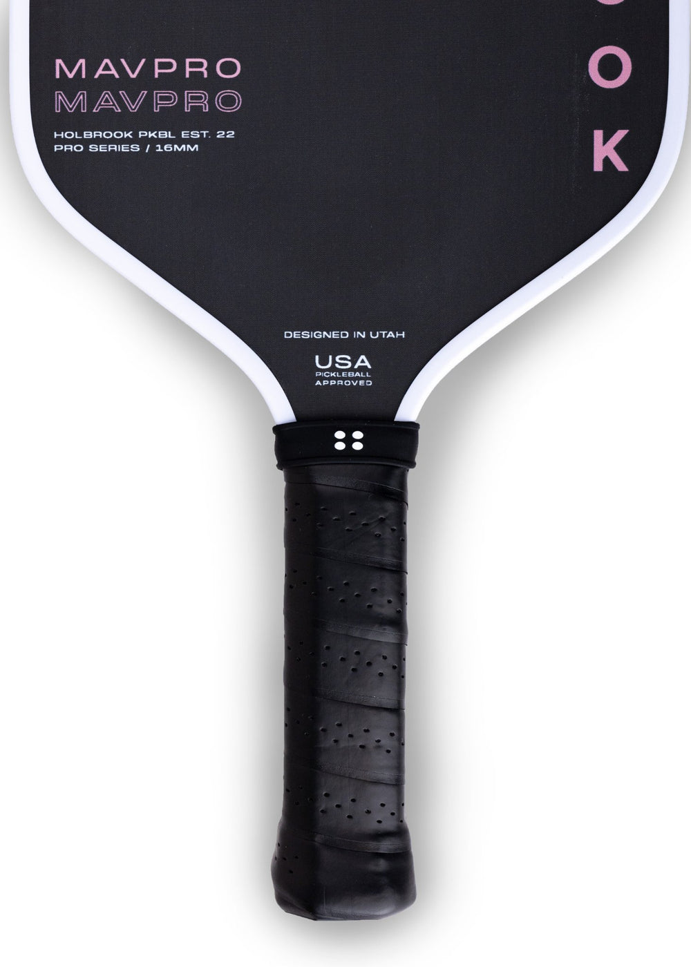 Black pickleball paddle with pink accents, USA Pickleball Approved.
