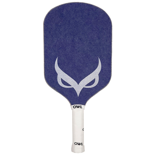 Owl PXE Paddle: Navy blue pickleball paddle with white owl logo and grip.
