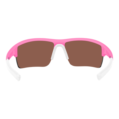 Pink sunglasses with brown lenses and white accents, rear view.
