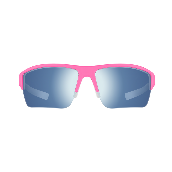 Pink sporty sunglasses with mirrored lenses.

