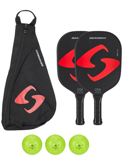 Gearbox Ultimate Pickleball Starter Kit: 2 paddles, 3 lime green balls, & carrying case.
