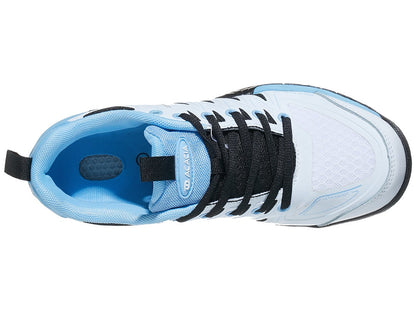 Light blue and white athletic shoe with black laces, viewed from above.
