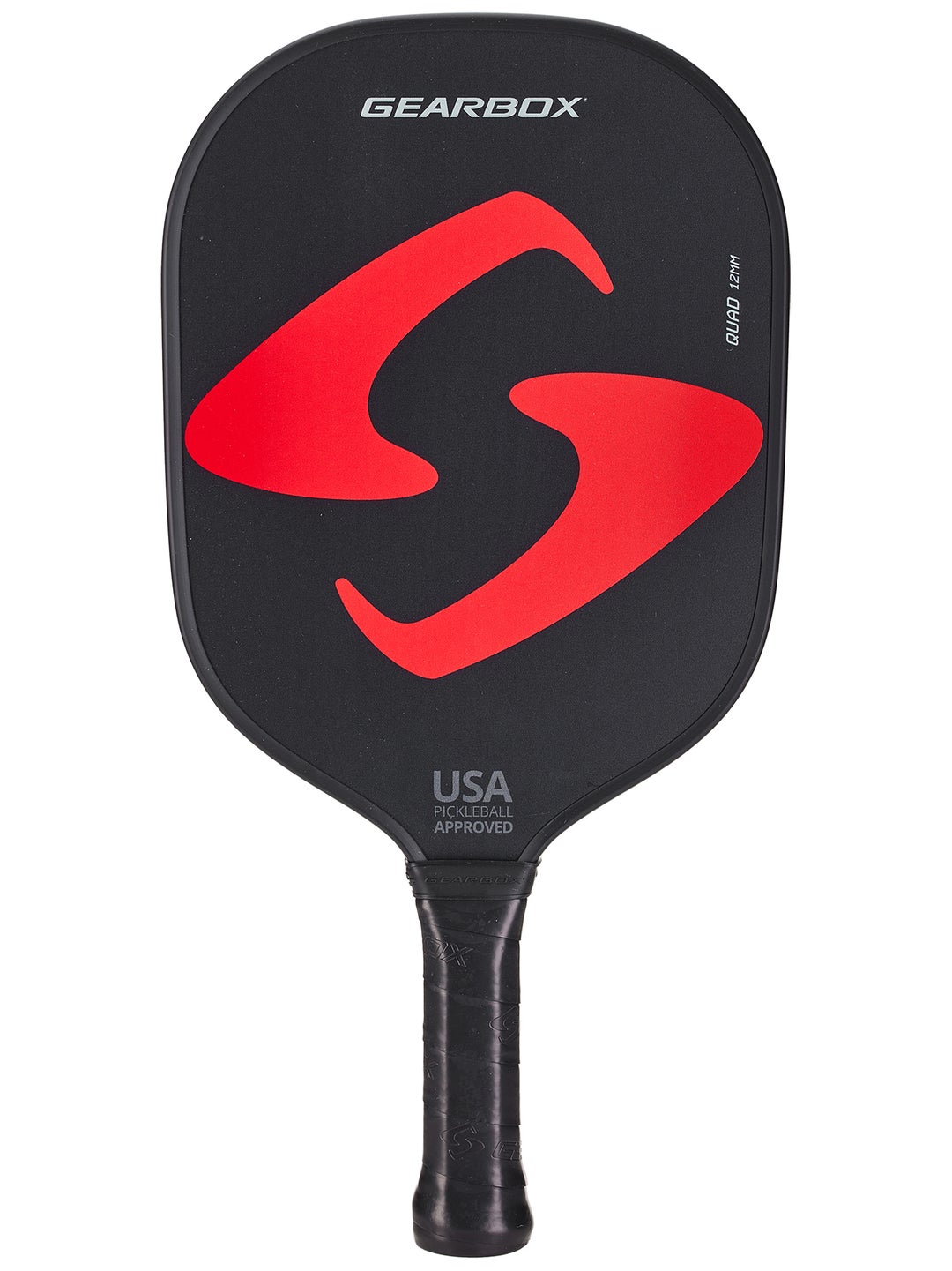 Black pickleball paddle with red graphic, USA Pickleball Approved.
