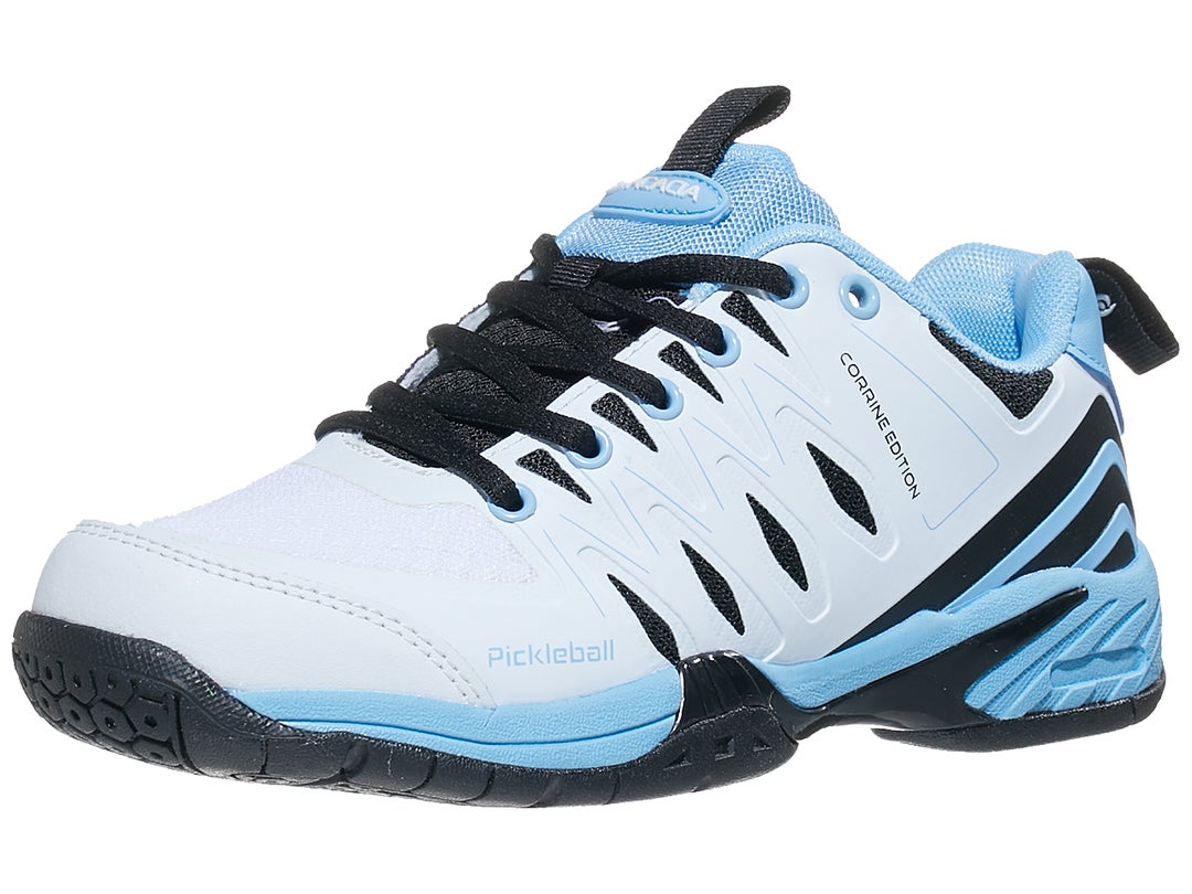 Acacia Corrine Signature Edition Pro Pickleball Shoes: White, light blue, and black pickleball shoes.
