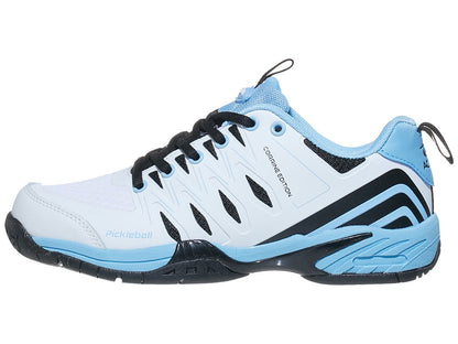 White pickleball shoe with light blue and black accents.
