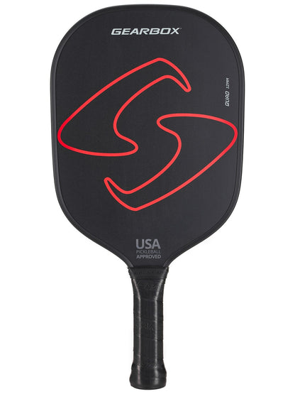 Black pickleball paddle with red accents, USA Pickleball Approved.
