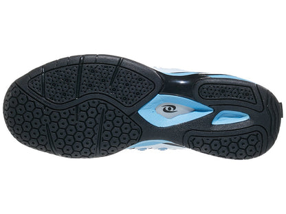 White, black, and light-blue athletic shoe sole with textured tread for enhanced grip.
