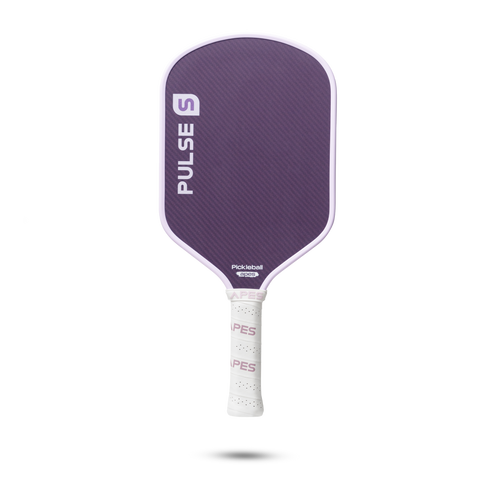 Apes Pulse S Pickleball Paddle: Purple graphite face, white grip, ideal for competitive play.
