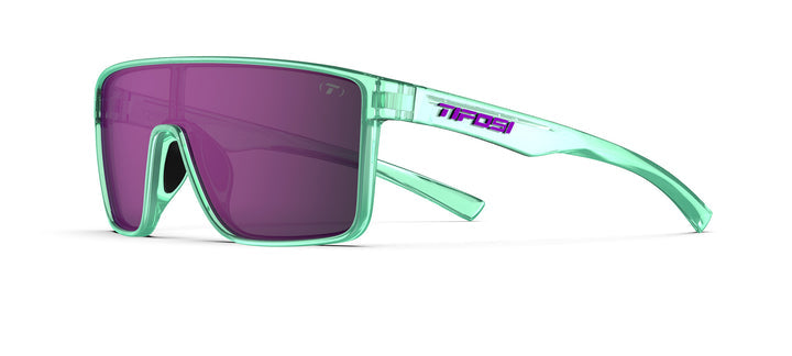 Light teal frame sunglasses with rose-tinted lenses, shown on a white background.
