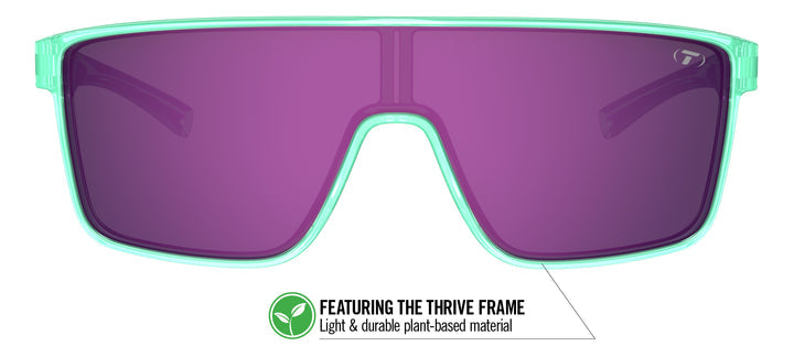 Purple mirrored sunglasses with a light mint green frame; plant-based material.
