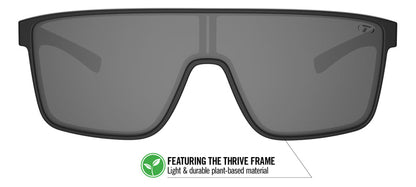 Black square sunglasses with smoke lenses, featuring a plant-based frame.
