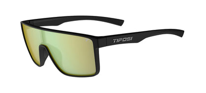 Tifosi Sanctum sunglasses, matte black frame with yellow mirror lenses.
