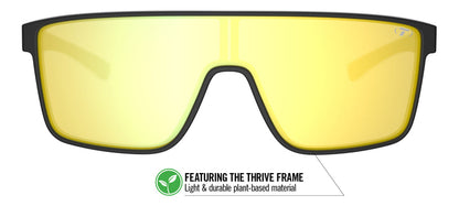 Matte black sunglasses with yellow mirror lenses; plant-based frame.
