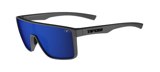 Tifosi Sanctum sunglasses, matte gunmetal frame with cobalt blue mirror lenses.
