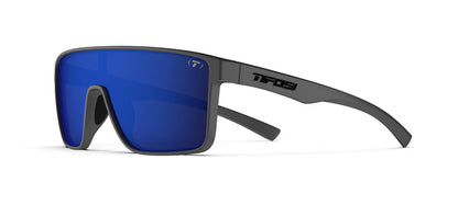 Matte gray sunglasses with cobalt blue lenses, shown in profile view against a white background.
