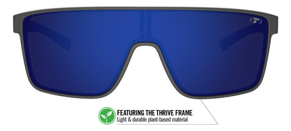 Matte gunmetal sunglasses with cobalt blue mirrored lenses; plant-based frame.
