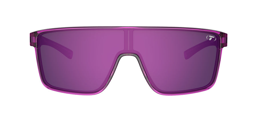 Purple mirrored sunglasses with a bold, square frame.
