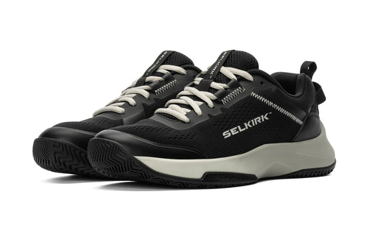 Selkirk CourtStrike Lunar Black pickleball shoes:  stylish black design with off-white sole.
