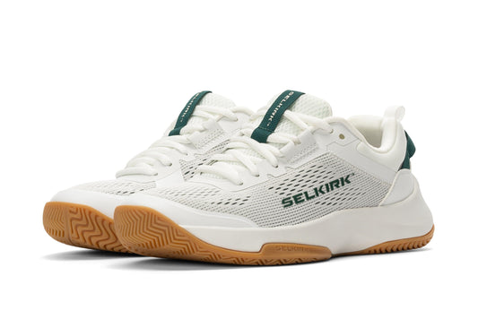 Selkirk Women's CourtStrike White Pine tennis shoes: white with gum sole & green accents.
