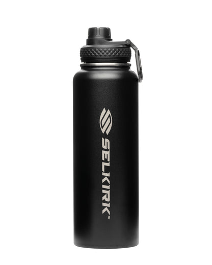 Selkirk Premium Water Bottle 2.0: black, stainless steel water bottle with carry handle.
