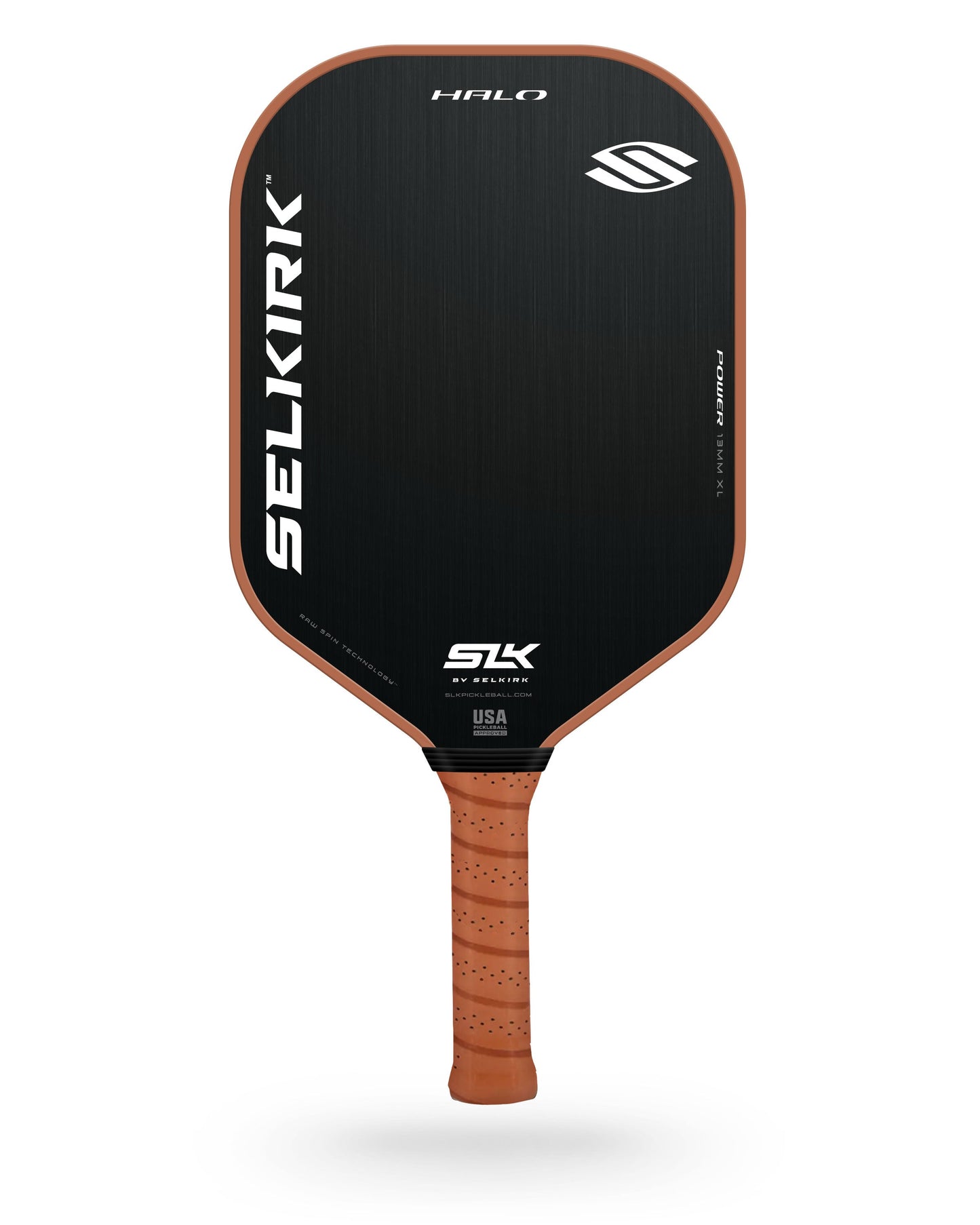 Pickleball paddle with copper-colored grip and black face, showcasing a modern design.
