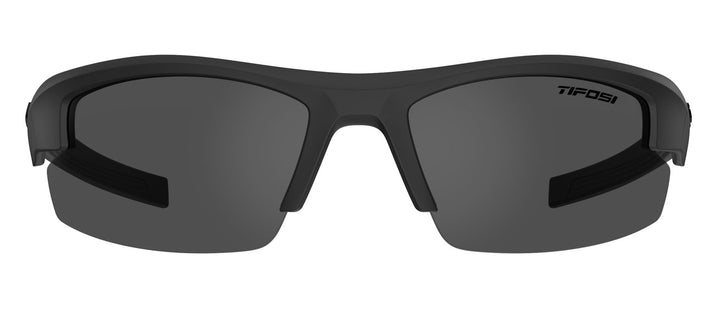 Black sports sunglasses with smoke-tinted lenses.
