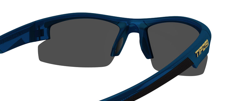 Midnight navy blue sunglasses with smoke yellow mirror lenses.
