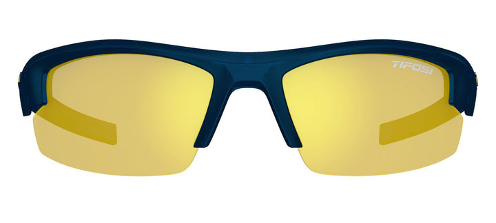 Sporty sunglasses with navy blue frames and yellow-tinted lenses.
