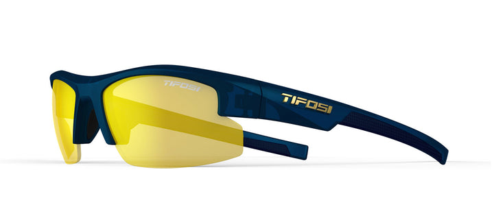 Sport sunglasses with navy frames and yellow lenses, shown on a white background.
