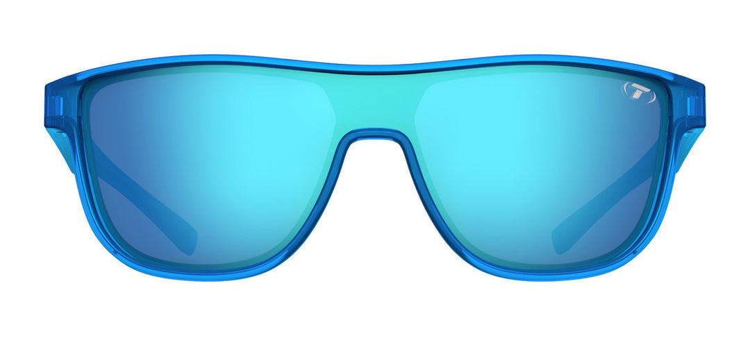 Electric blue sunglasses with a mirrored lens, showcasing a vibrant, summery style.
