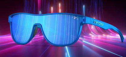 Electric blue mirrored sunglasses displayed against a vibrant neon backdrop.
