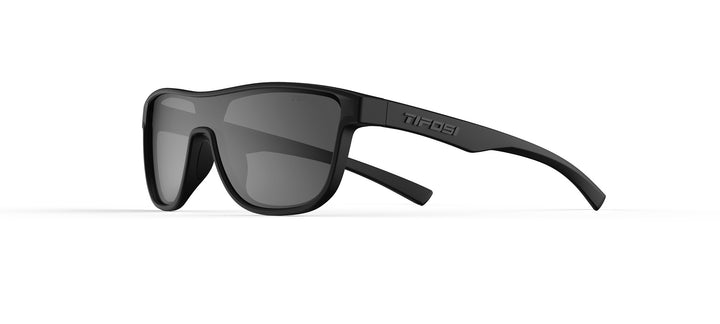 Sleek black sunglasses with smoke-gray lenses, shown angled on a white background.
