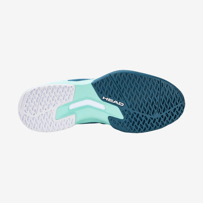 Women's court shoe sole, teal and white, textured grip pattern
