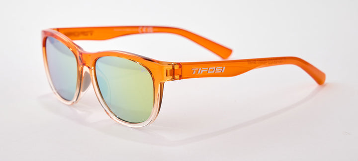 Orange-framed sunglasses with smoke yellow mirror lenses, shown against a white background.
