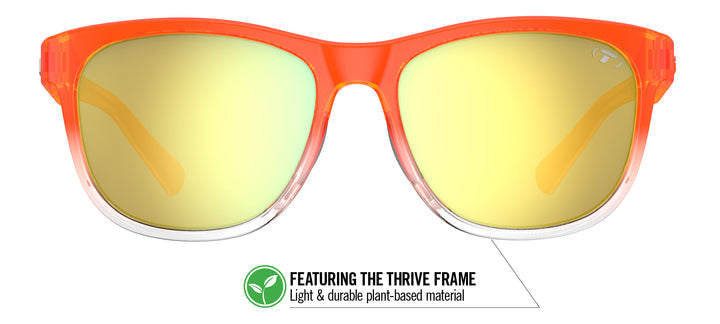 Orange sunglasses with smoke yellow mirror lenses and a plant-based frame.
