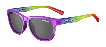 Tifosi Swank sunglasses with rainbow temples and smoke lenses.
