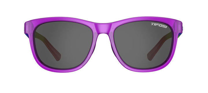 Purple square sunglasses with smoke-colored lenses.
