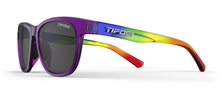 Rainbow-colored sunglasses with smoke-grey lenses, shown in profile view.
