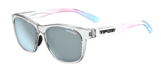 Tifosi Swank sunglasses, clear frame with bright blue mirror lenses and ombre pink & blue temples.
