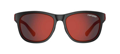 Black frame sunglasses with red-tinted lenses; crimson/onyx smoke mirror finish.
