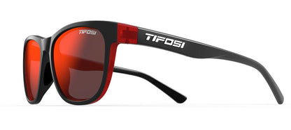 Red-lensed sunglasses with black frames, showcasing a side profile view.
