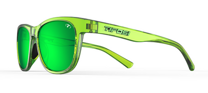 Lime green translucent sunglasses with bright green mirrored lenses, shown from the side.
