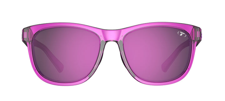 Purple mirrored sunglasses with a translucent purple frame.
