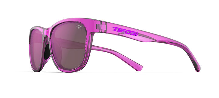 Purple translucent sunglasses with purple mirror lenses; stylish, lightweight design.
