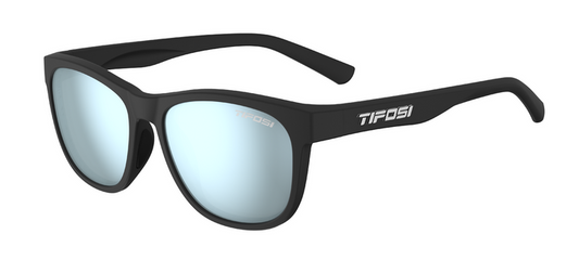 Tifosi Swank sunglasses, satin black frame with bright blue mirror lenses.
